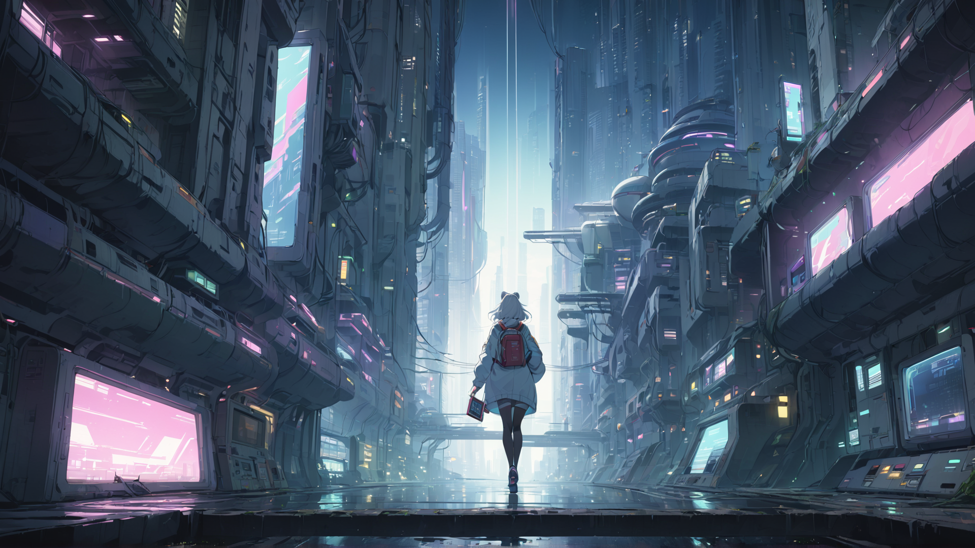 AI generated wallpaper featuring girl, city, backpack