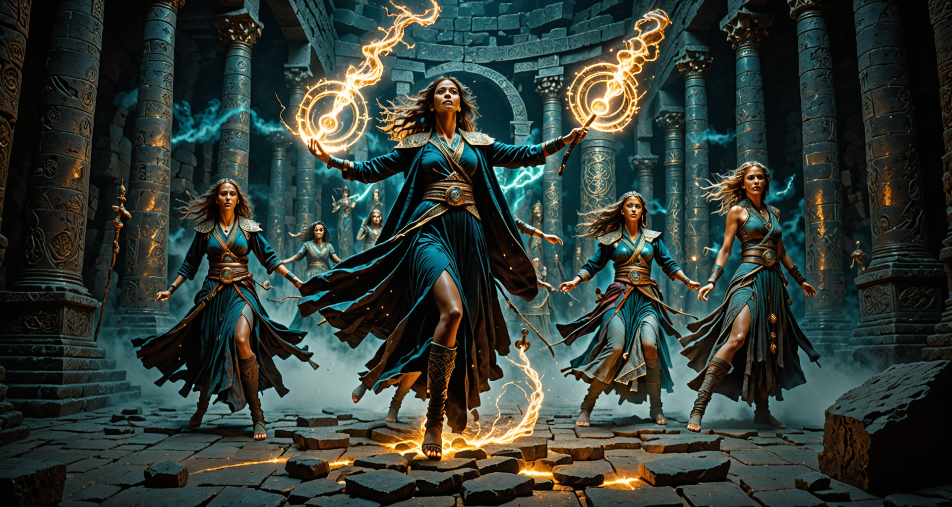 AI generated wallpaper featuring warriors, mages, ancient
