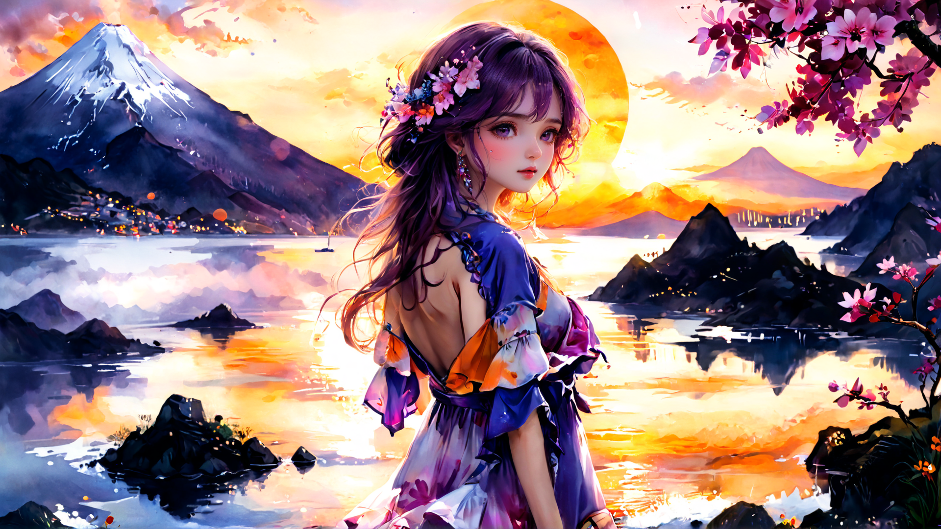 AI generated wallpaper featuring woman, mountain, lake