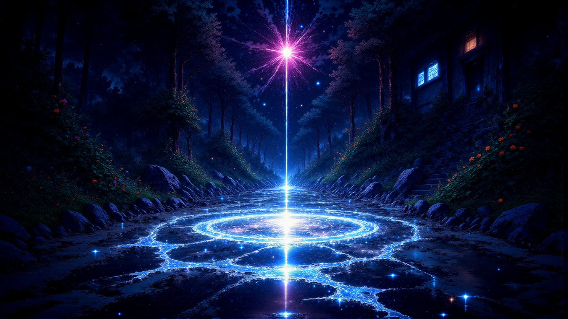 AI generated wallpaper featuring forest, river, magic circle, starry sky, trees, house