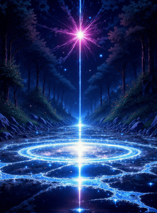 forest, river, magic circle, starry sky, trees, house
