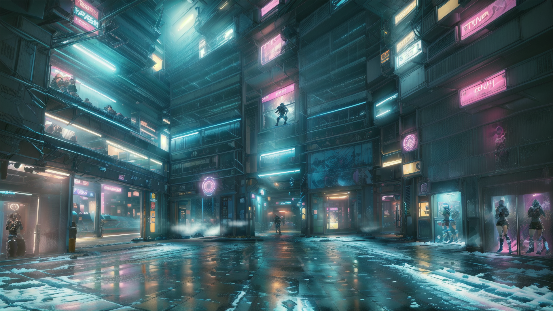 AI generated wallpaper featuring neon, cityscape, buildings, signs, people, street, snow, glowing, posters, robots