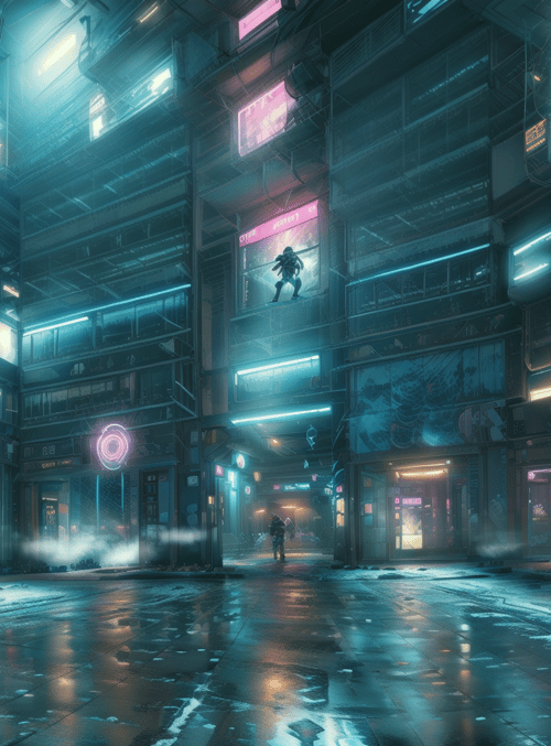 neon, cityscape, buildings, signs, people, street, snow, glowing, posters, robots