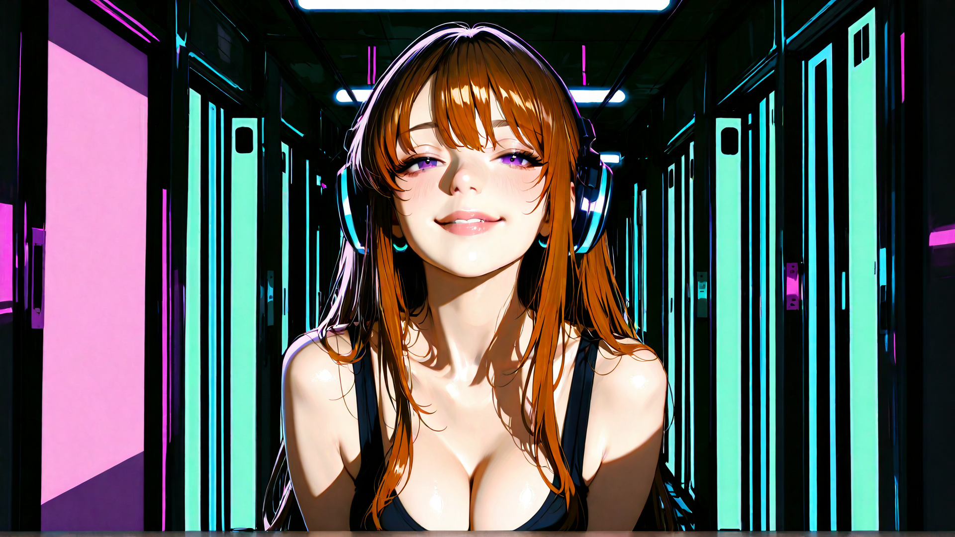 AI generated wallpaper featuring woman, headphones, server, corridor