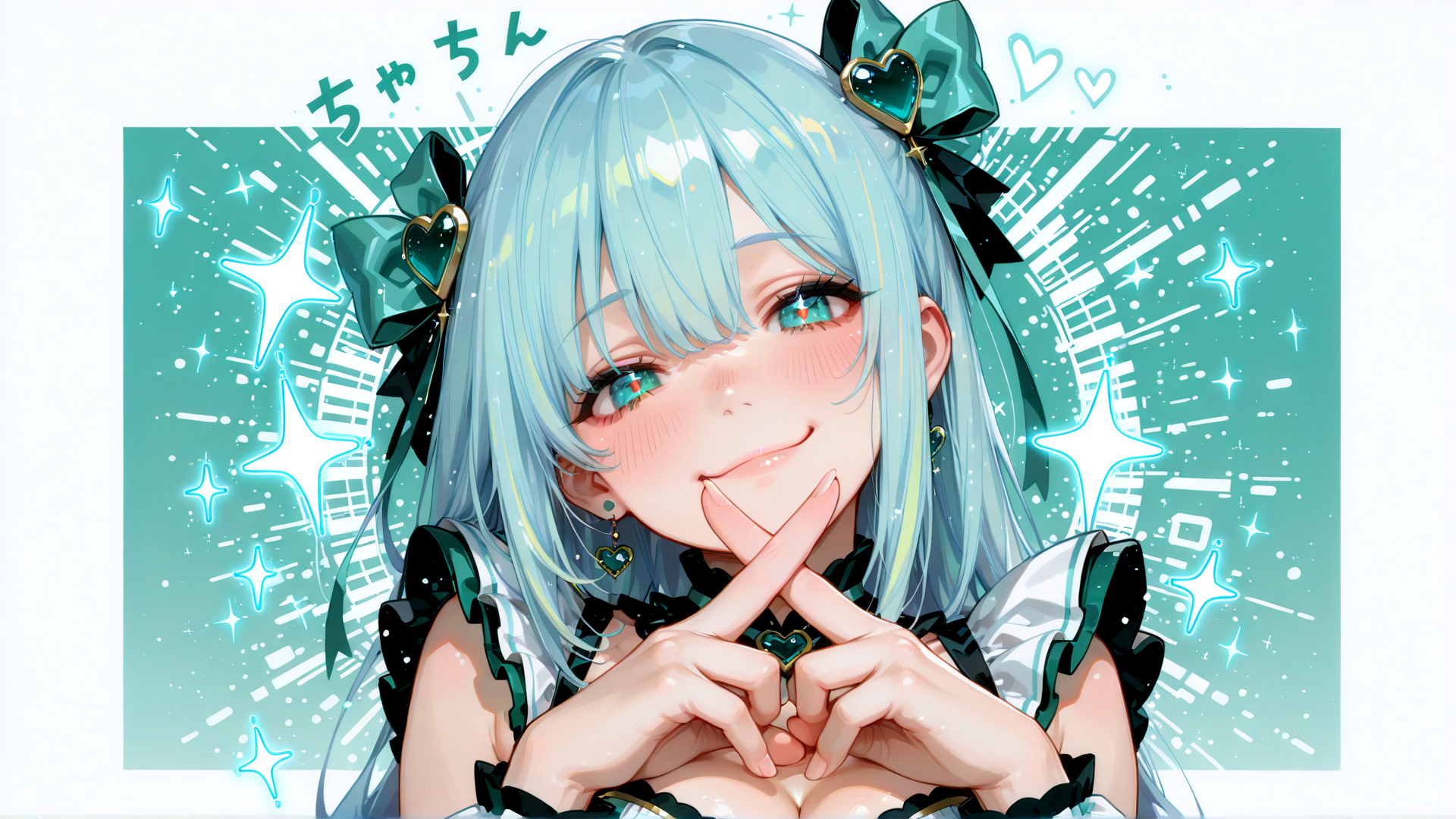 AI generated wallpaper featuring anime girl, blonde hair, butterfly clips, heart-shaped bow, delicate hands, cute pose, sparkle background, sleeveless dress, earrings, chibi style