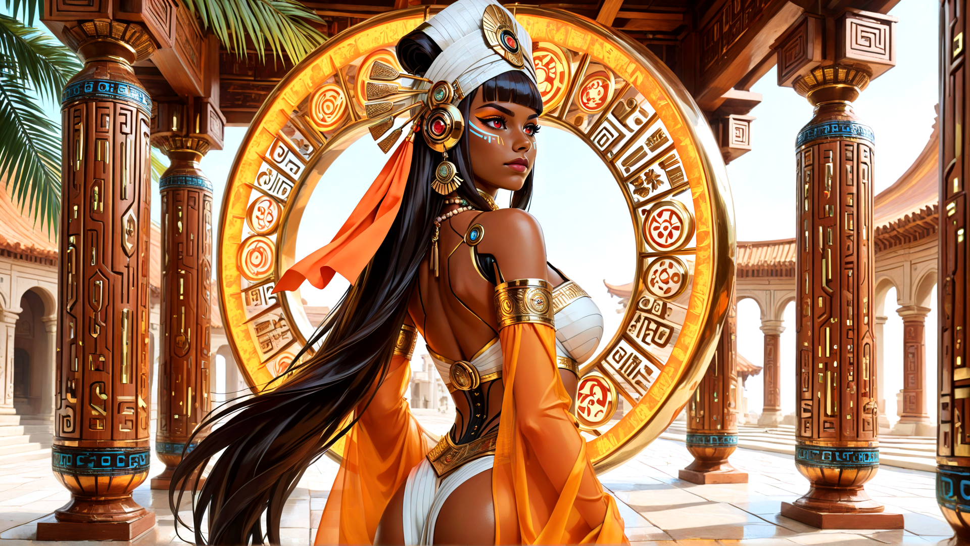 AI generated wallpaper featuring woman, ancient, goddess, circular, structure, columns, turban, scarf, headdress, symbol