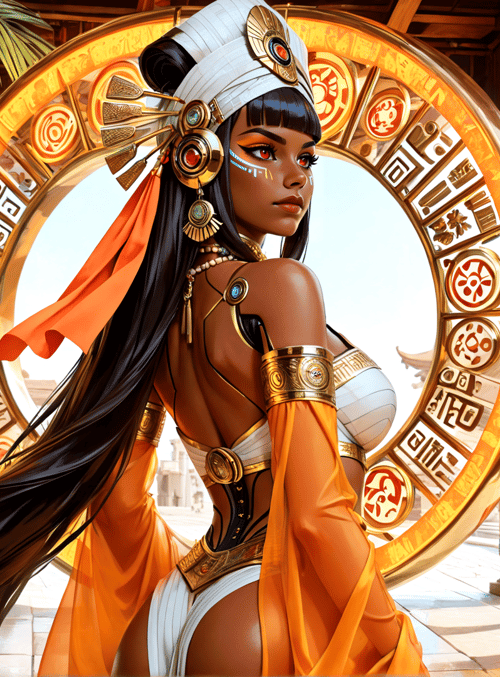 woman, ancient, goddess, circular, structure, columns, turban, scarf, headdress, symbol