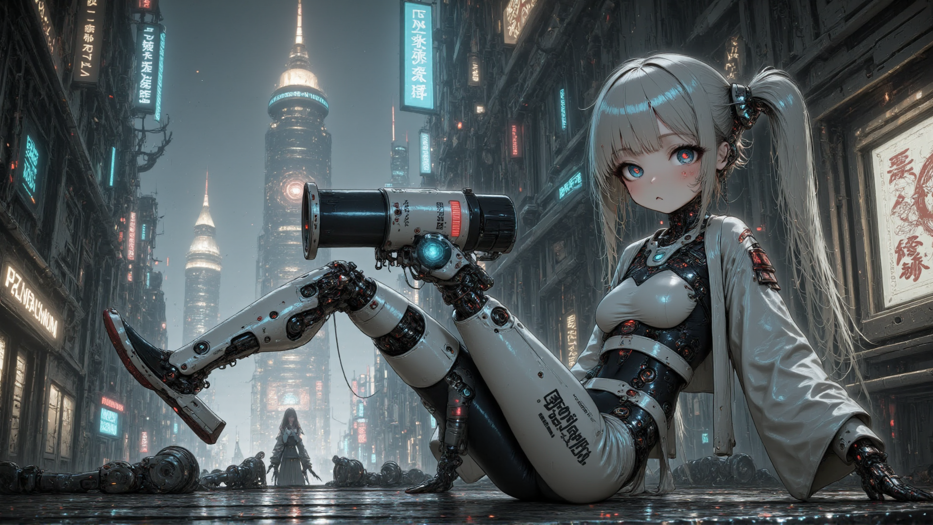 AI generated wallpaper featuring cyborg, girl, robot, camera, cityscape, neon, buildings, street, future, glasses