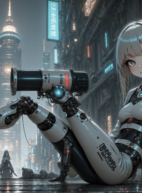 cyborg, girl, robot, camera, cityscape, neon, buildings, street, future, glasses
