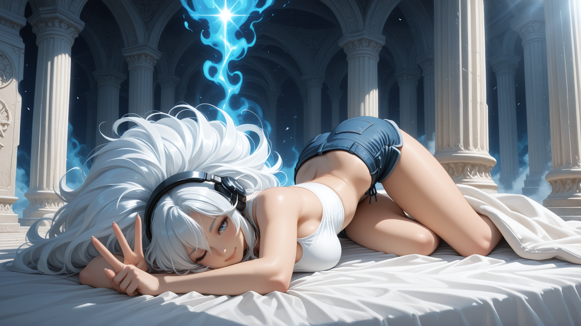 AI generated wallpaper featuring girl, headphones, columns, blue flame, bed, peace sign