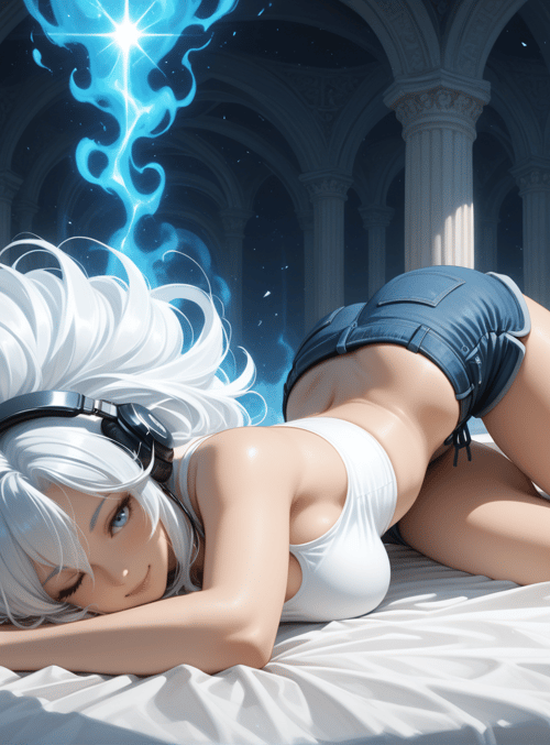girl, headphones, columns, blue flame, bed, peace sign