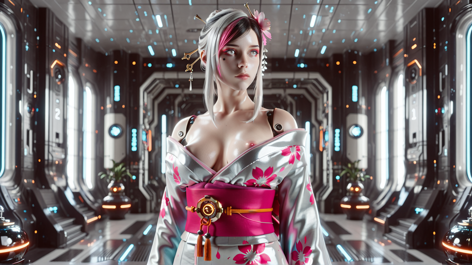 AI generated wallpaper featuring cyberpunk, geisha, woman, kimono, corridor, futuristic