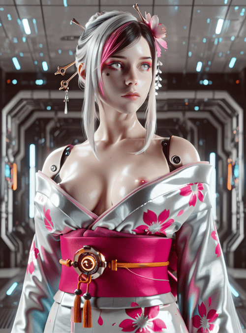 cyberpunk, geisha, woman, kimono, corridor, futuristic