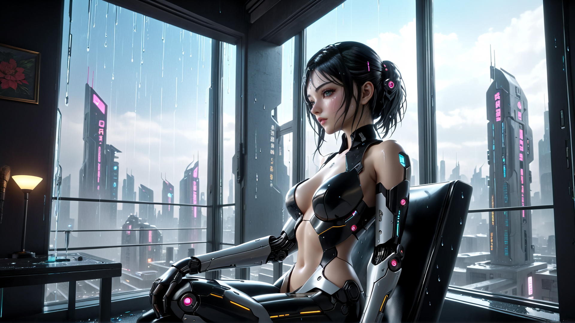 AI generated wallpaper featuring cyborg, woman, cityscape