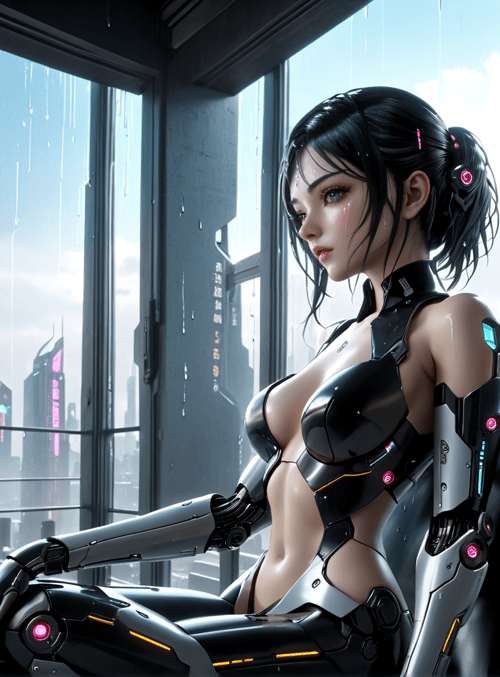 cyborg, woman, cityscape