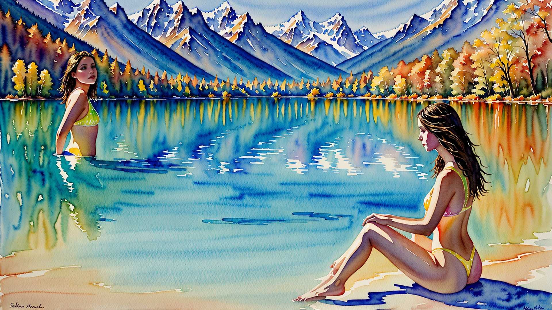 AI generated wallpaper featuring women, lake, mountains