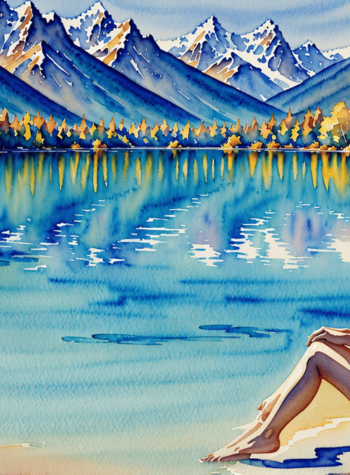 women, lake, mountains