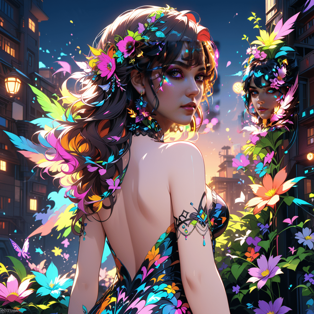 AI generated wallpaper featuring woman, flowers, cityscape