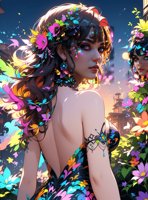 woman, flowers, cityscape