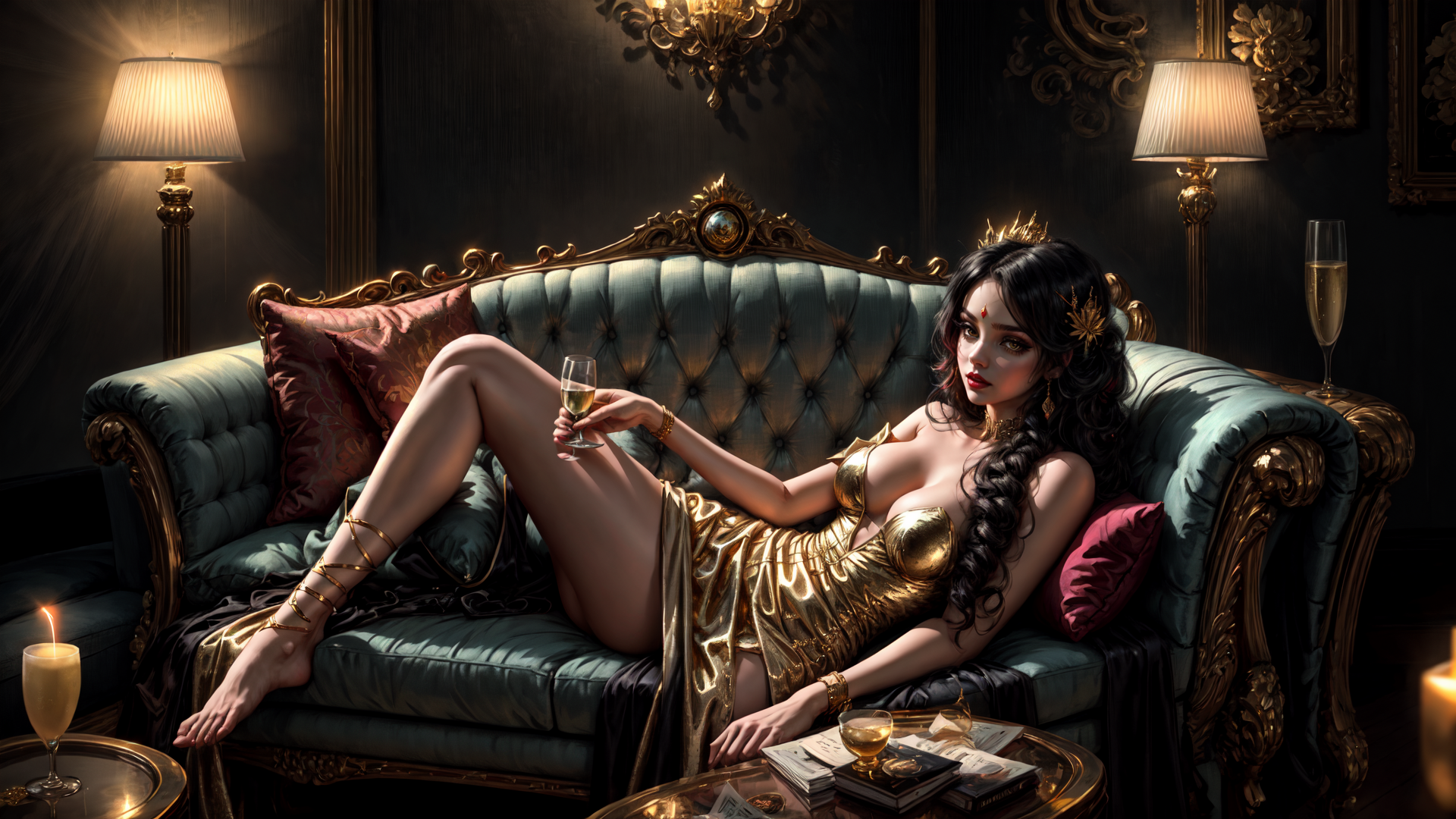 AI generated wallpaper featuring woman, sofa, champagne, crown, candle, lamps, book, gold, dress, pillow