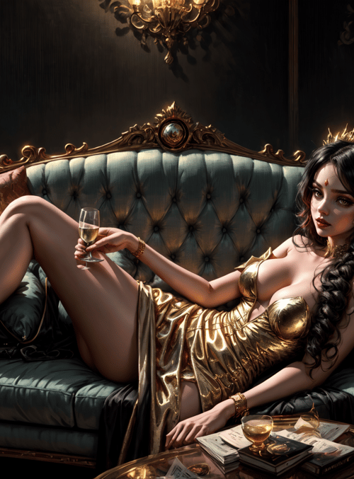 woman, sofa, champagne, crown, candle, lamps, book, gold, dress, pillow