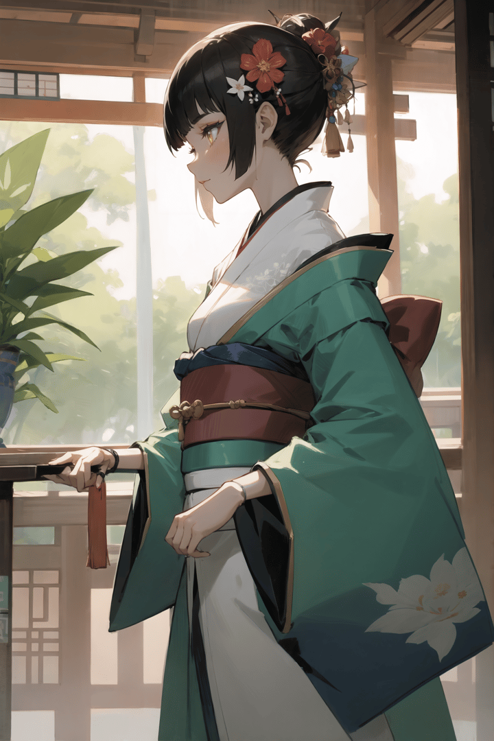 AI generated wallpaper featuring woman, kimono, flower, plant, building