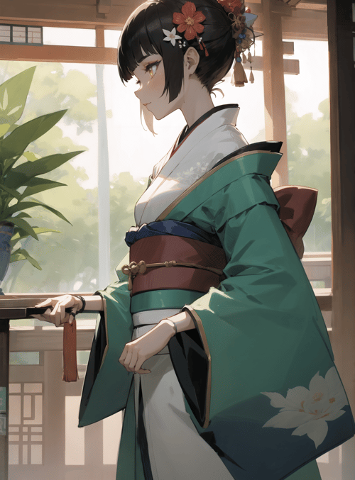 woman, kimono, flower, plant, building