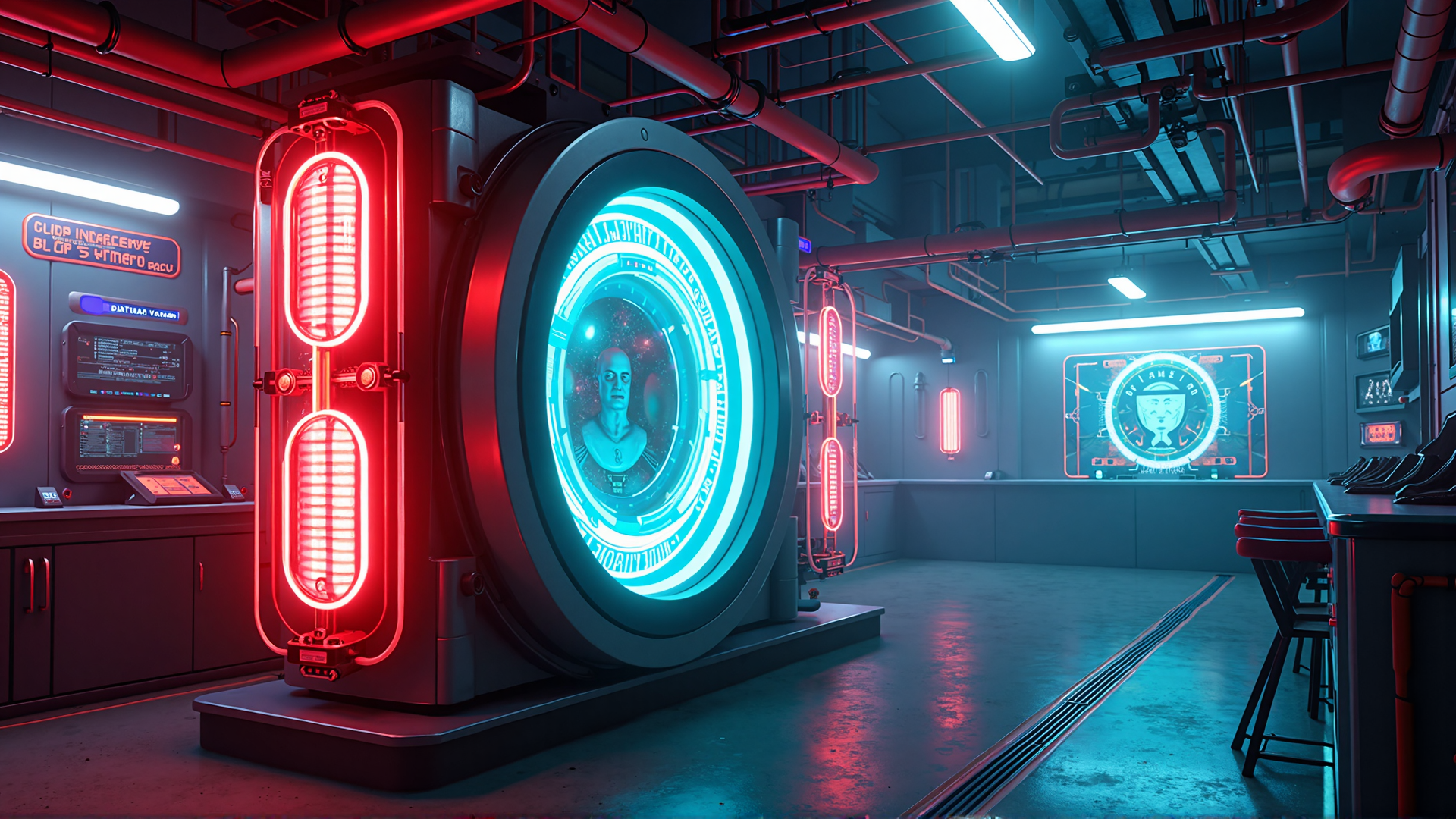 AI generated wallpaper featuring machine, neon, lab, screen, pipes, monitor, console, bust, bar, chair