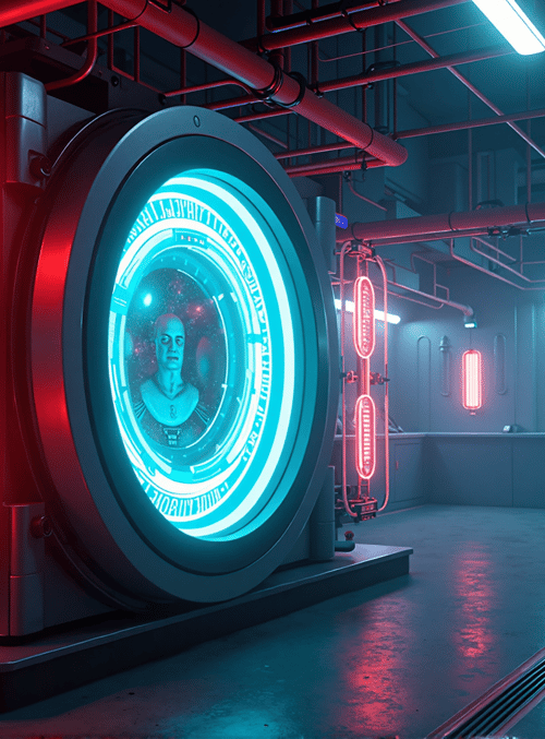 machine, neon, lab, screen, pipes, monitor, console, bust, bar, chair