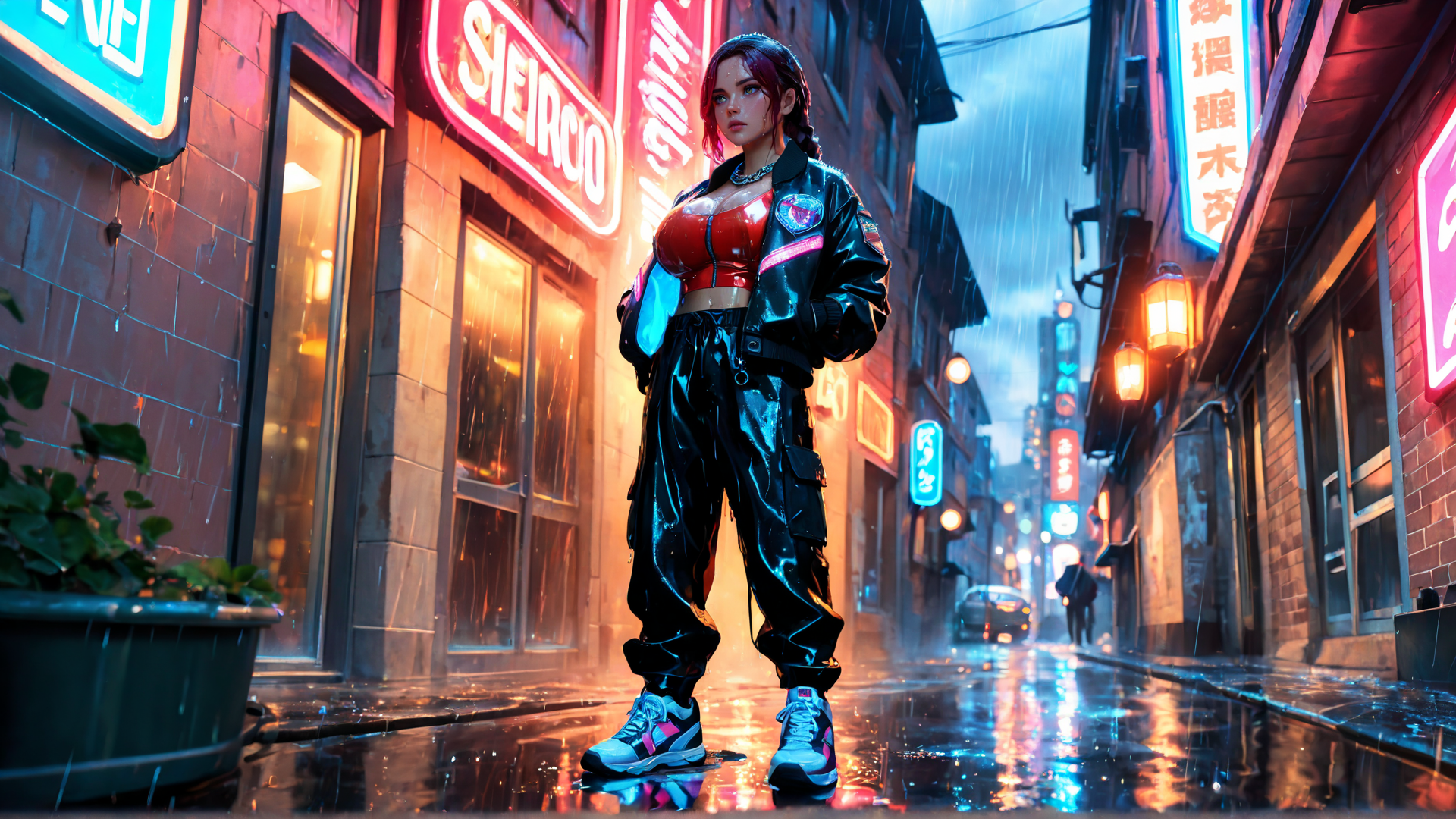 AI generated wallpaper featuring woman, street, neon