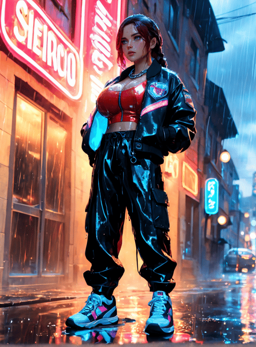 woman, street, neon