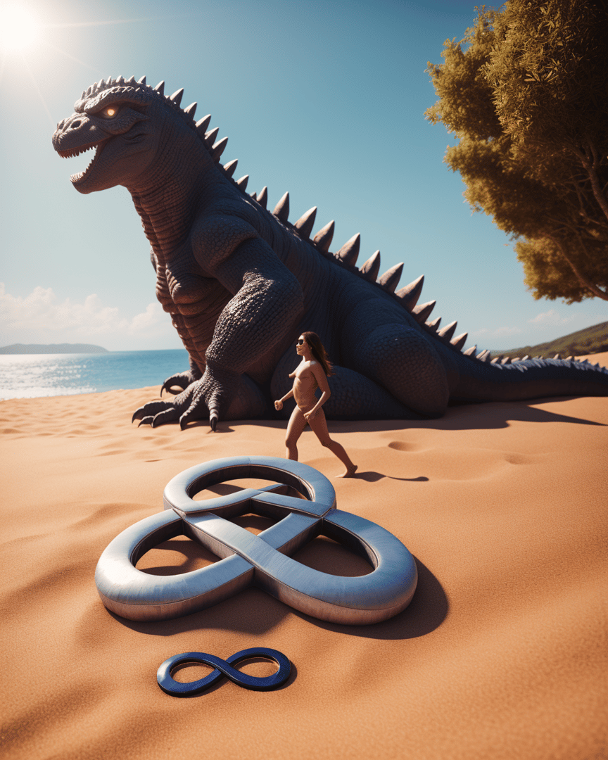 AI generated wallpaper featuring giant dinosaur, woman, symbol