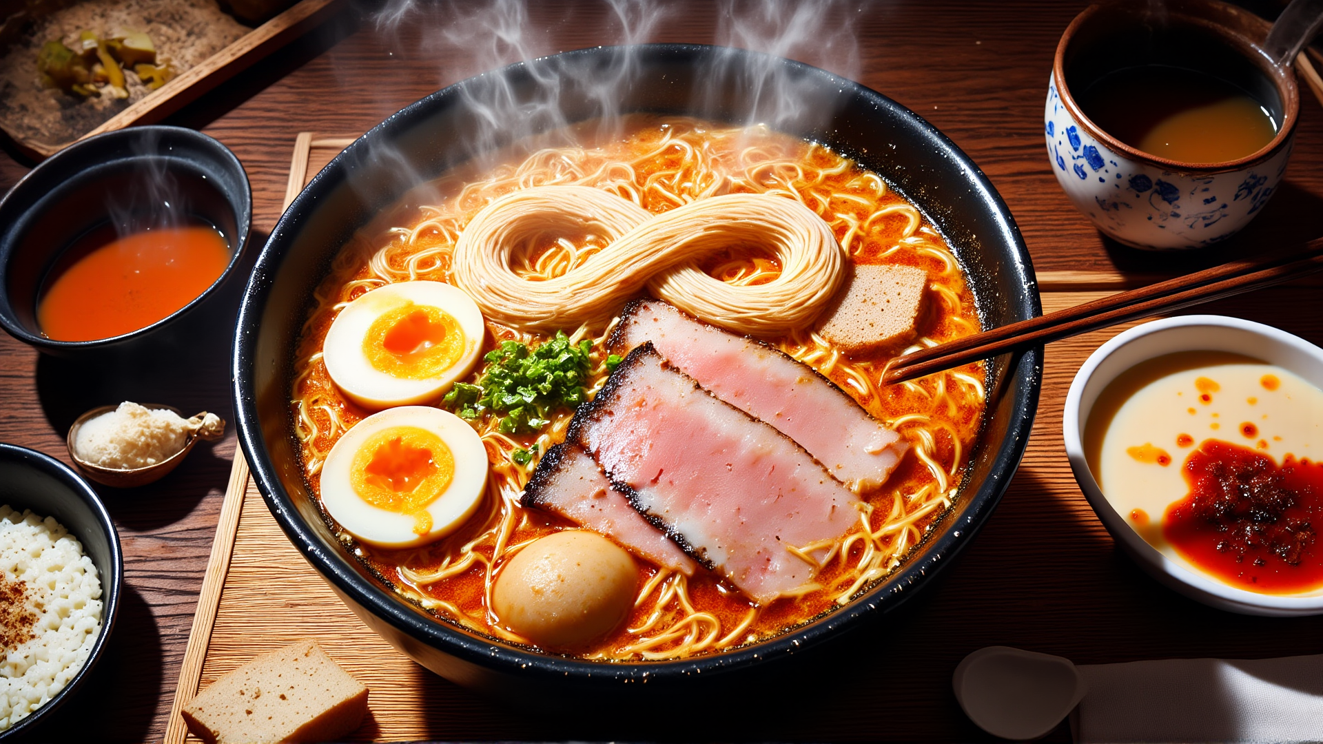 AI generated wallpaper featuring ramen, noodles, egg