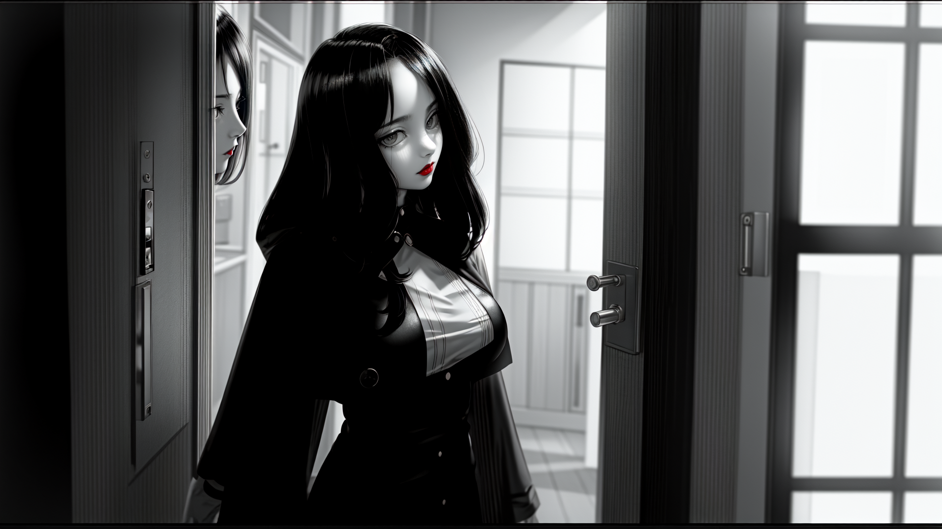 AI generated wallpaper featuring woman, door, mirror