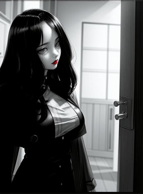 woman, door, mirror