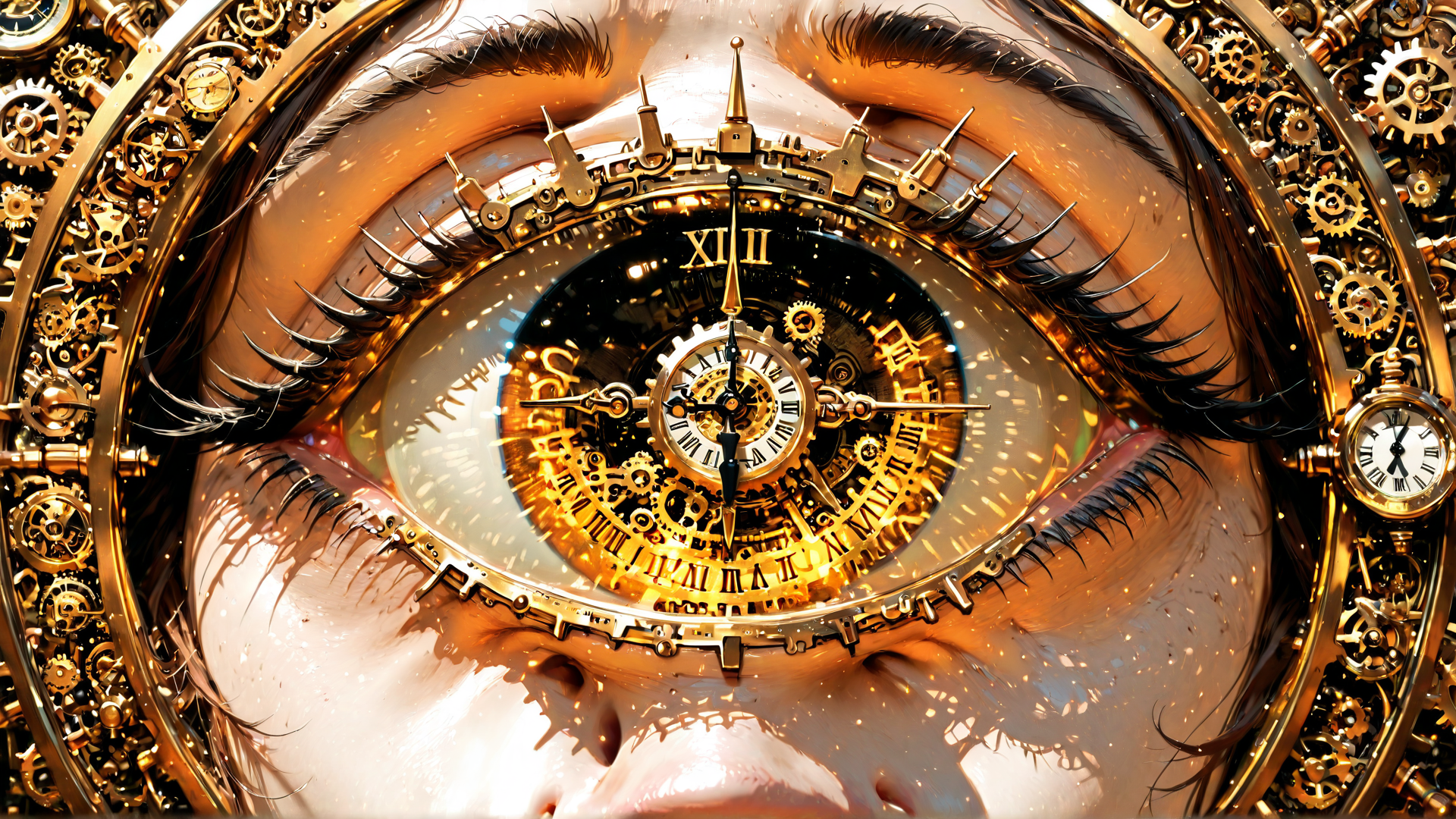 AI generated wallpaper featuring eye, clock, gears, watch, mechanism
