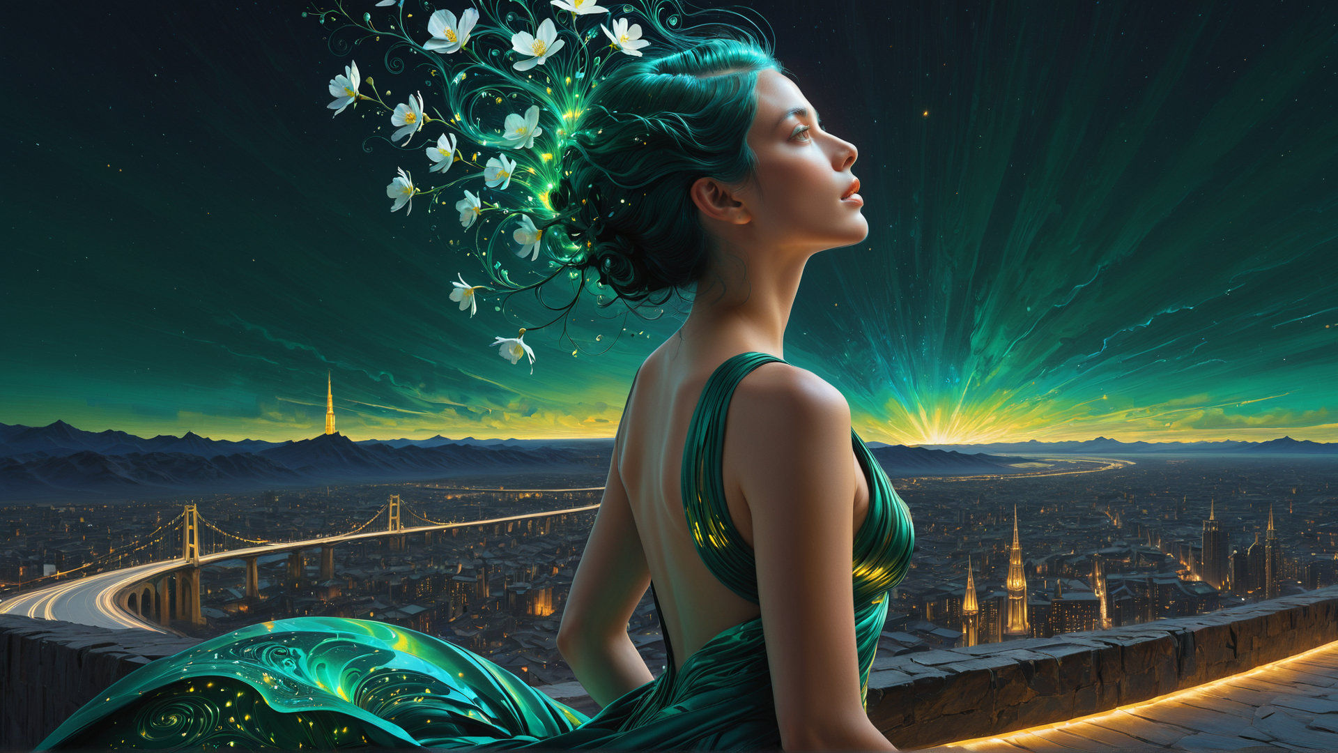 AI generated wallpaper featuring woman, flowers, cityscape, aurora, bridge, dress