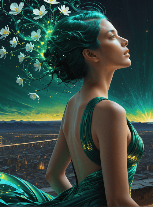 woman, flowers, cityscape, aurora, bridge, dress