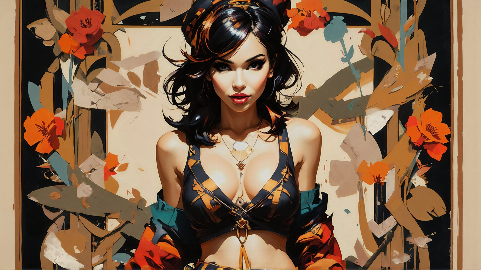 AI generated wallpaper featuring woman, flowers, jewelry, top, headband, chains, nose ring, earring, nail polish, background