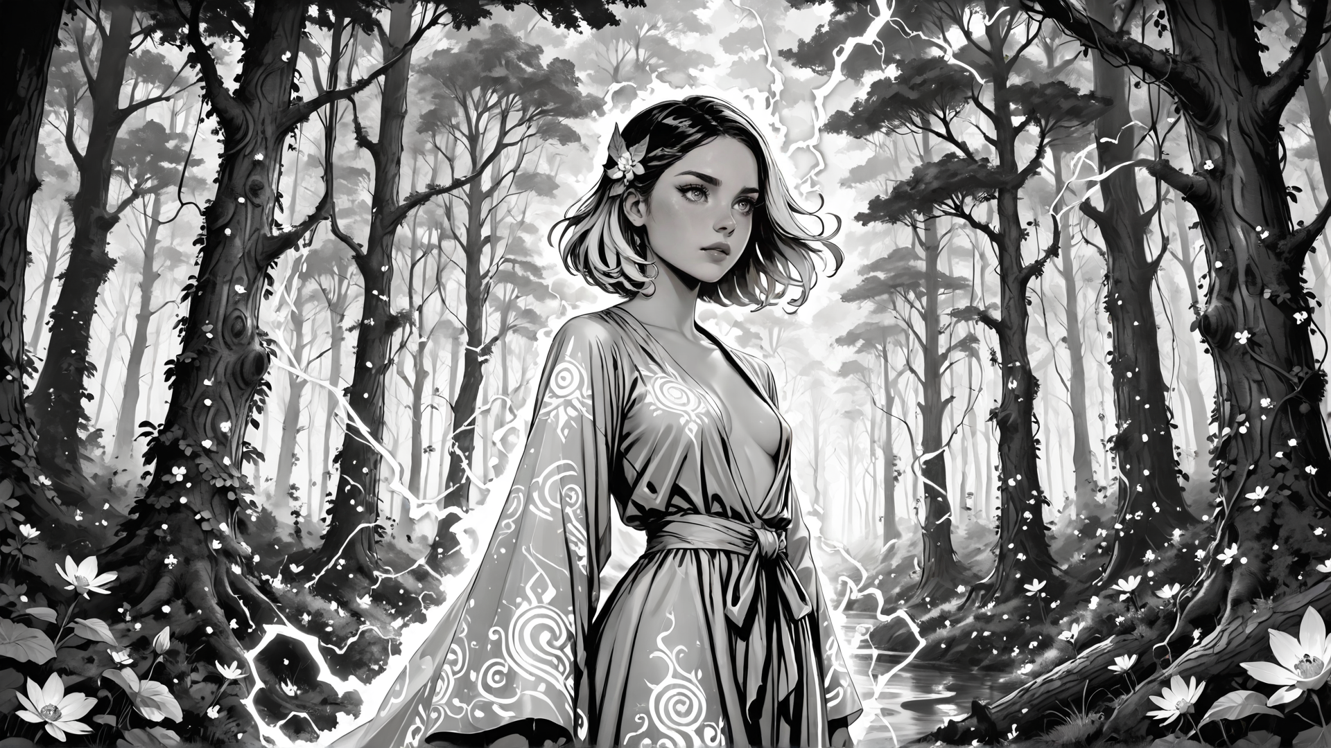 AI generated wallpaper featuring woman, forest, trees, flowers, dress, blossom