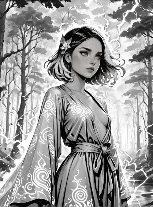 woman, forest, trees, flowers, dress, blossom