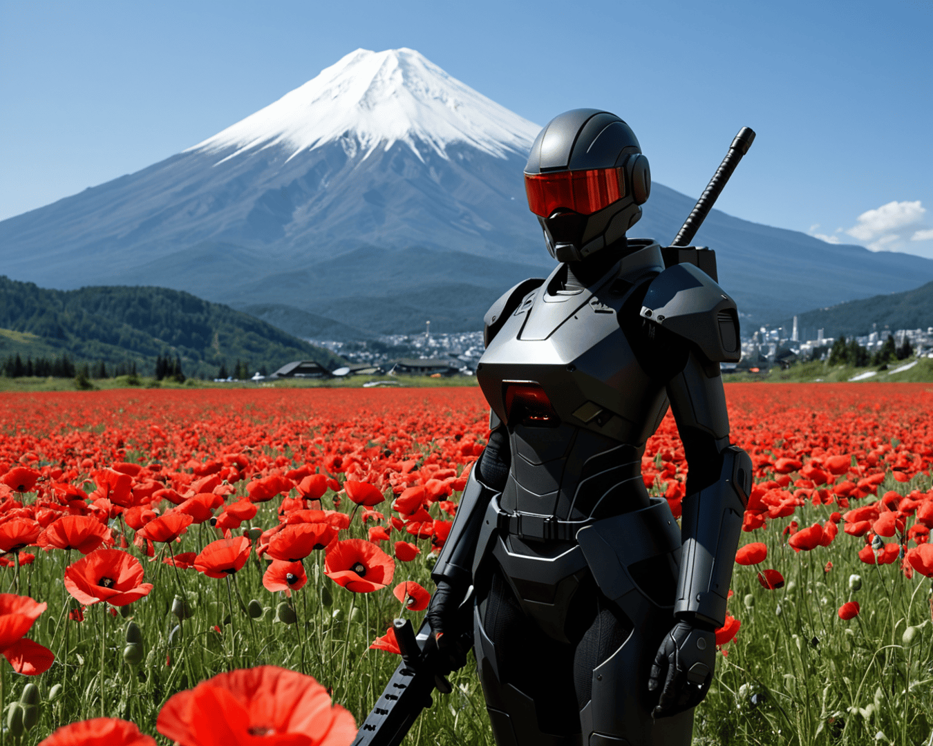 AI generated wallpaper featuring robot, poppy field, mount fuji