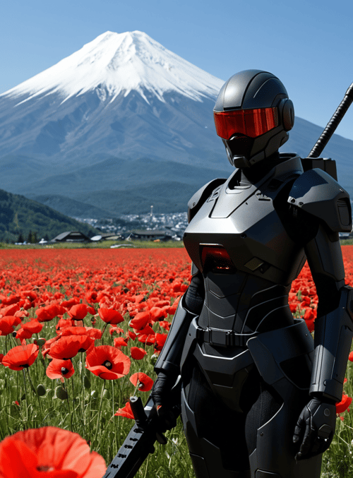 robot, poppy field, mount fuji