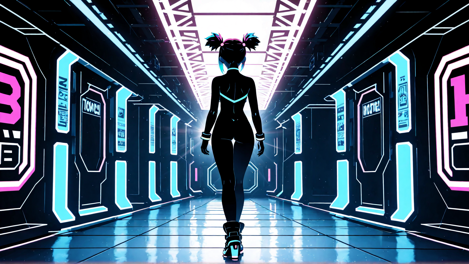 AI generated wallpaper featuring girl, silhouette, cyberpunk, corridor