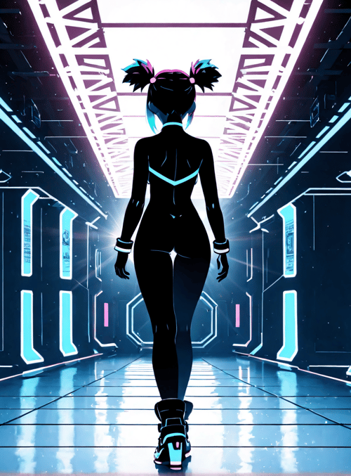 girl, silhouette, cyberpunk, corridor