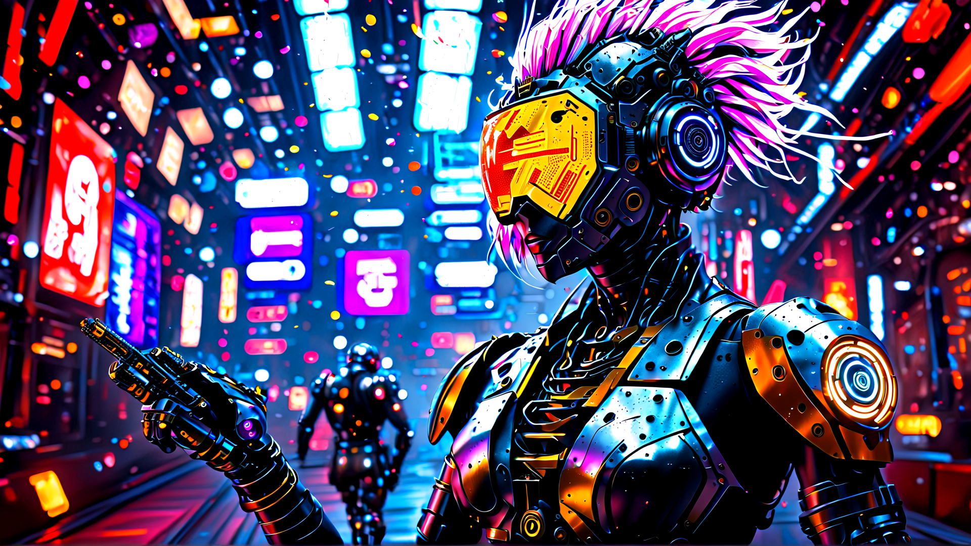 AI generated wallpaper featuring robot, cyborg, neon, city, street, gun, helmet, armor, signs, particles