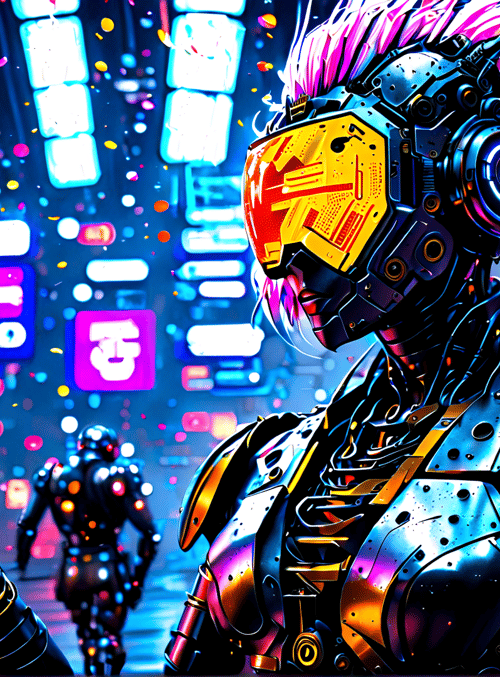 robot, cyborg, neon, city, street, gun, helmet, armor, signs, particles