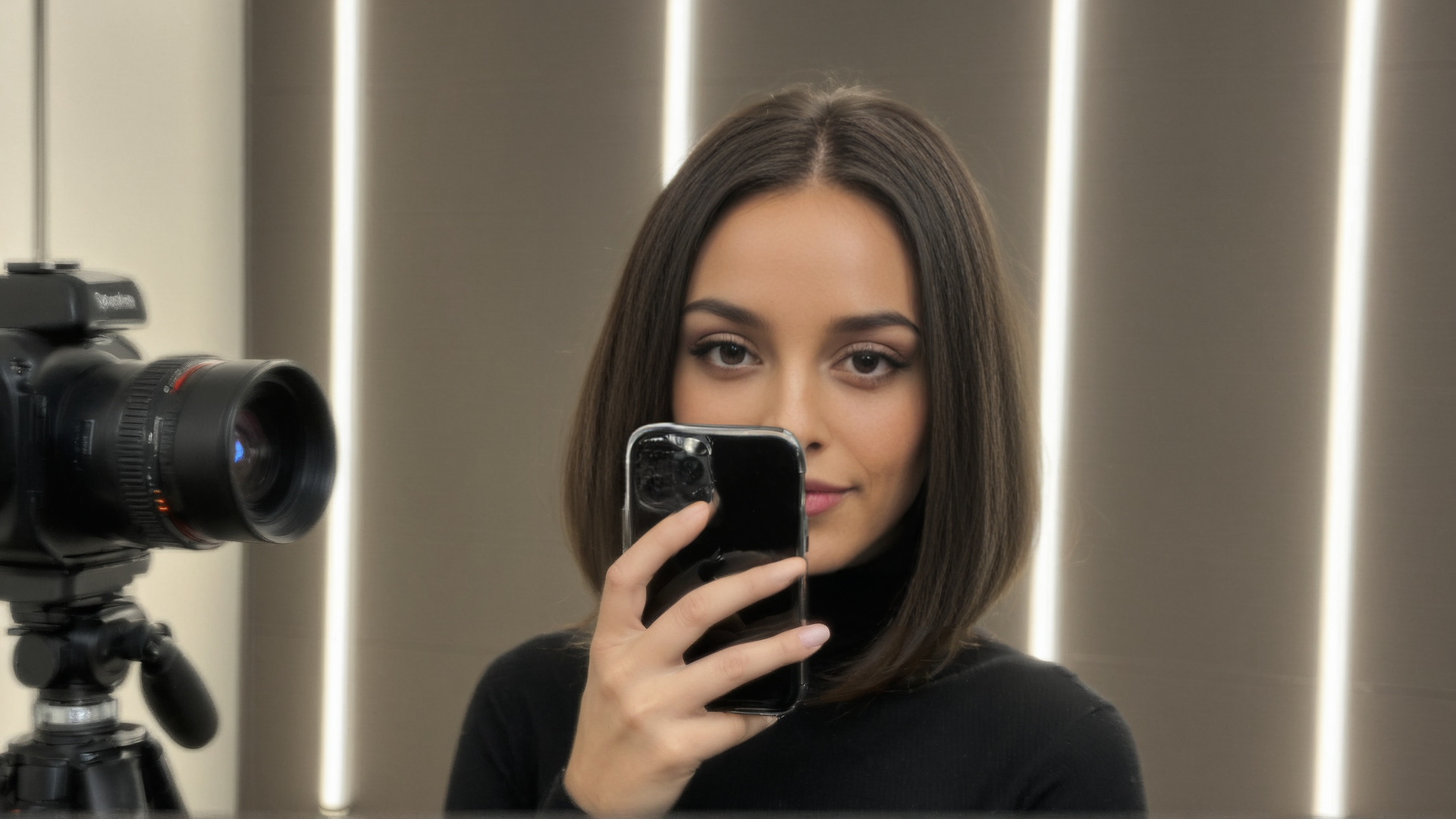 AI generated wallpaper featuring woman, phone, camera