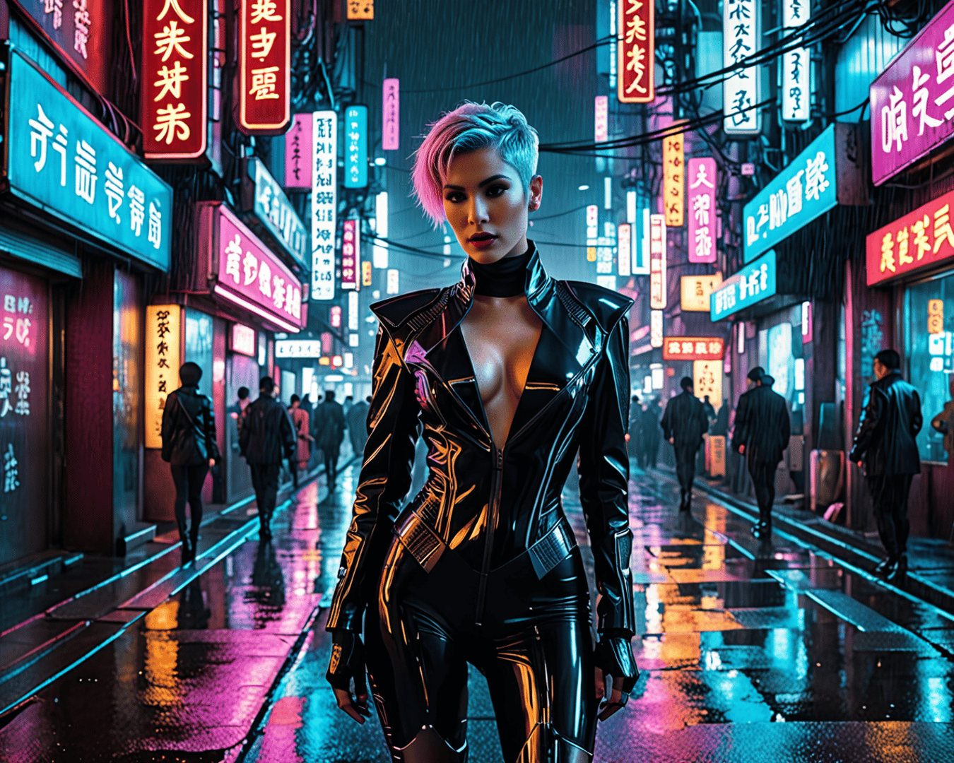 AI generated wallpaper featuring woman, neon, street