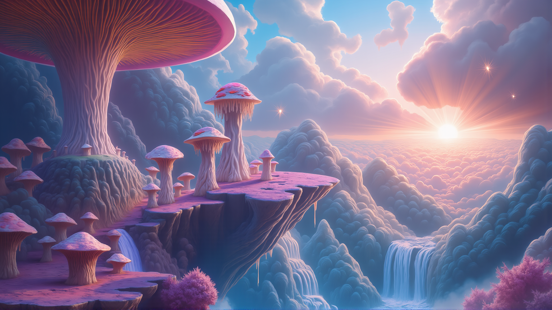 AI generated wallpaper featuring mushrooms, clouds, sun, waterfalls, mountains